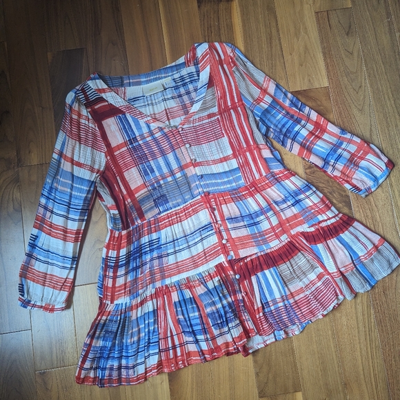 Anthropologie Maeve Lila Tiered Patchwork Ruffle Peplum Top Blouse Women Size L - Picture 4 of 12